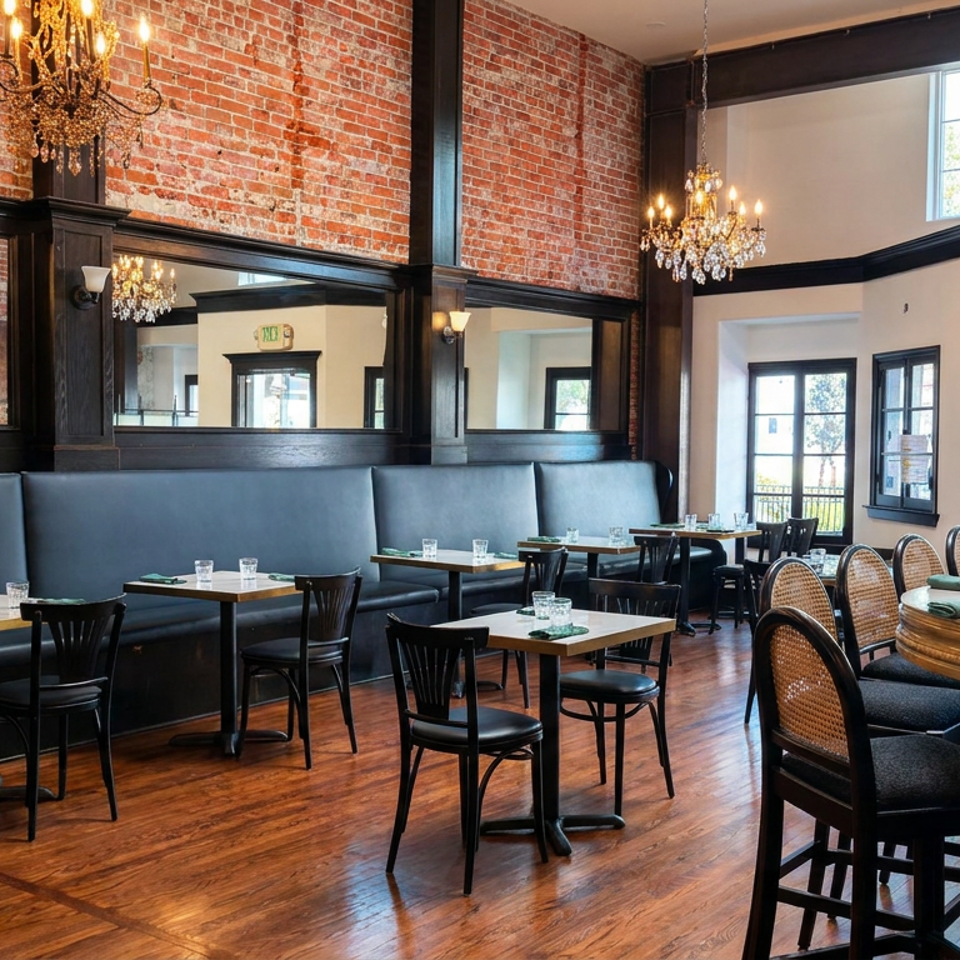 Elegant restaurant dining room with exposed brick walls, chandeliers, set tables, leather banquettes, and a polished bar.