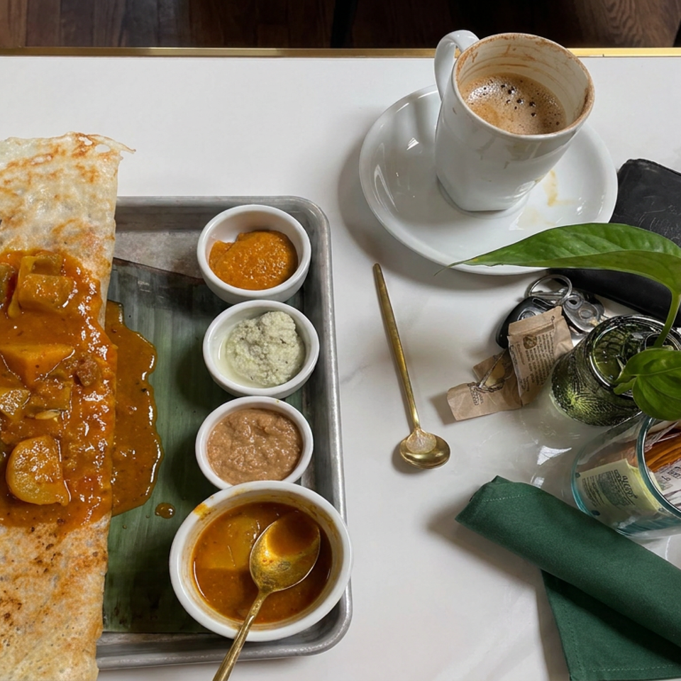 Crispy dosa topped with vegetable curry, accompanied by four chutneys, coffee, water, and leafy table decorations.