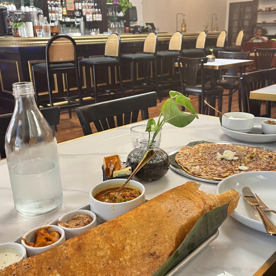 Restaurant table with a large dosa, chutneys, drinks, and plates in a warmly lit dining room.
