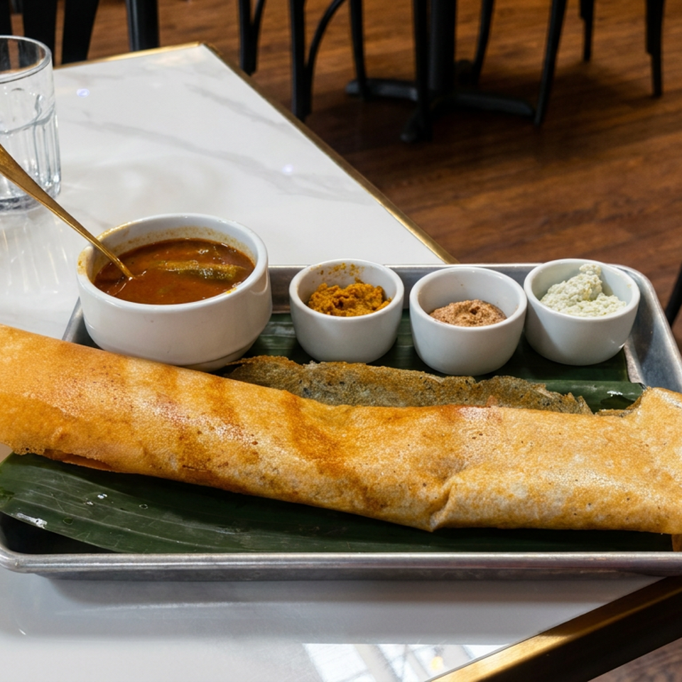 Crisp dosa served on a banana leaf with sambar and three chutneys in a restaurant dining area.