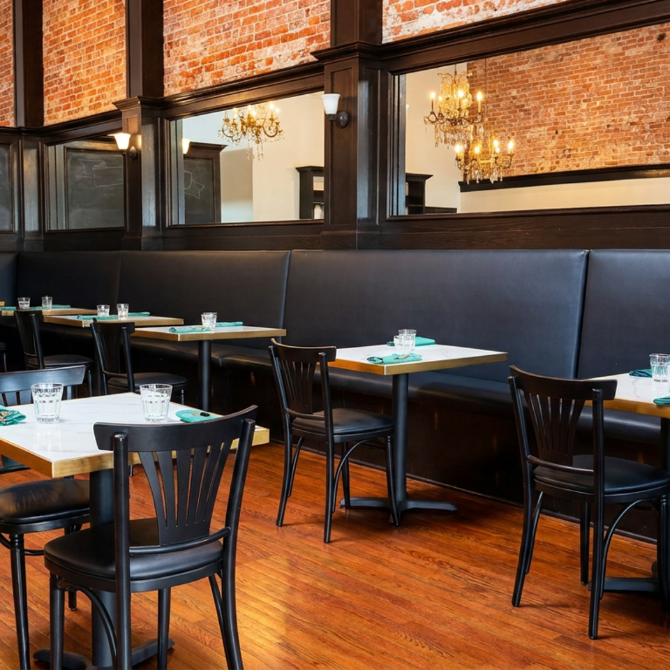 Empty restaurant dining area with black leather booths, set tables, wooden chairs, brick walls, mirrors, and ornate chandeliers.